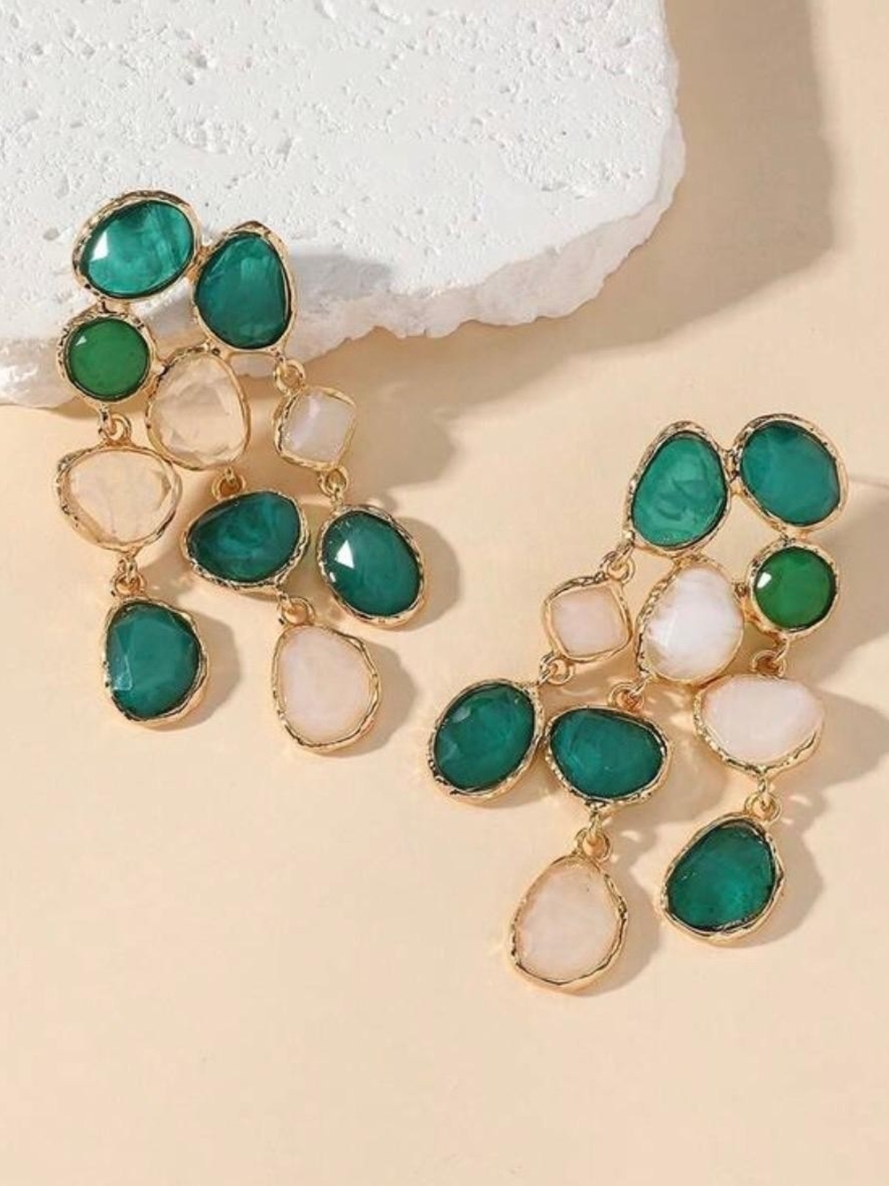 Gold Green and White Multi-Stone Chandelier Earrings - Picture 4 of 4